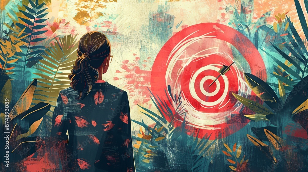 Poster capture the essence of ambition and empowerment with an image of a businesswoman holding a target ic