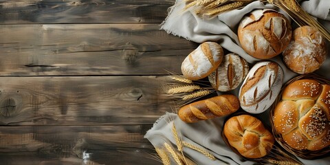 Assorted fresh bread loaves and pastries arranged on a wooden table viewed from the top. Concept Food Photography, Baked Goods, Top View, Wooden Table, Assorted Selection