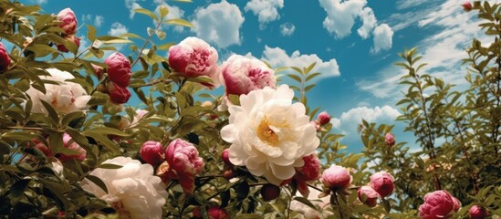 Blooming Peonies Against a Blue Sky