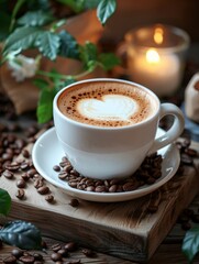 Steaming latte on the table, white coffee cup, surrounded by coffee beans and plant decoration