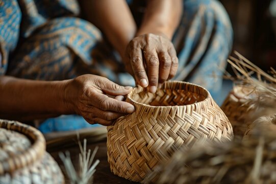Artisan is carefully weaving dried plant fibers to make a traditional basket, using a generations old technique
