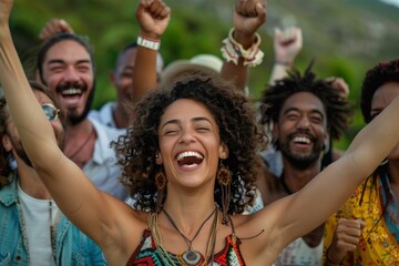 Fototapeta premium Joyful Group of Friends Celebrating Outdoors with Smiles and Raised Hands in a Vibrant Natural Setting