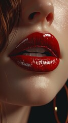 Fototapeta premium close up of a woman with red lips. She kisses in the air. 