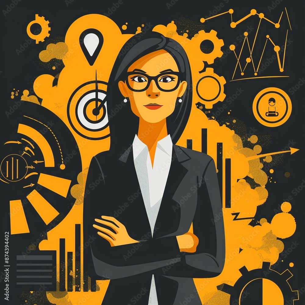 Poster Capture the essence of ambition and empowerment with an image of a businesswoman holding a target icon symbolizing her yearly goals. Surrounded by elements representing management development