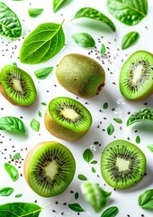 Fototapeta premium Flying in air fresh ripe whole and cut kiwi with leaves isolated on white background 