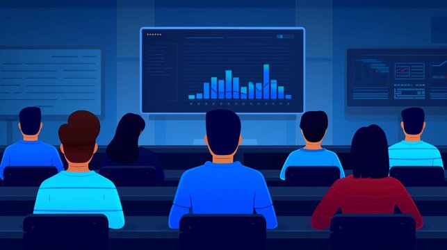 Group of adults engaged in a digital marketing class, Realistic, Natural and blue hues, Detailed classroom and screens