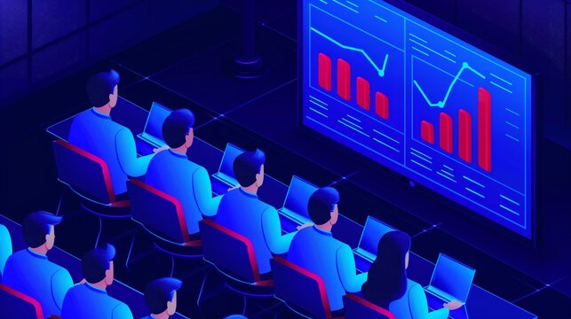 Group of adults engaged in a digital marketing class, Realistic, Natural and blue hues, Detailed classroom and screens