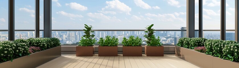 Naklejka premium Ecofriendly urban garden on a rooftop, Realistic, Natural and green tones, Detailed garden and city view