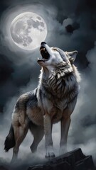 Fototapeta premium Illustration of a wolf roaring in the forest at night with a scary forest situation. The Barking Wolf. Wolf in the Forest. Howling at the Moon