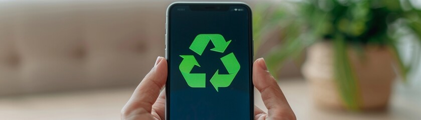 Fototapeta premium Person using an app to track recycling habits, Realistic, Natural and blue tones, Detailed app and phone