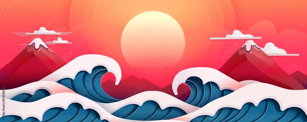 Canvas Prints Paper Cut Waves Sunset Landscape.