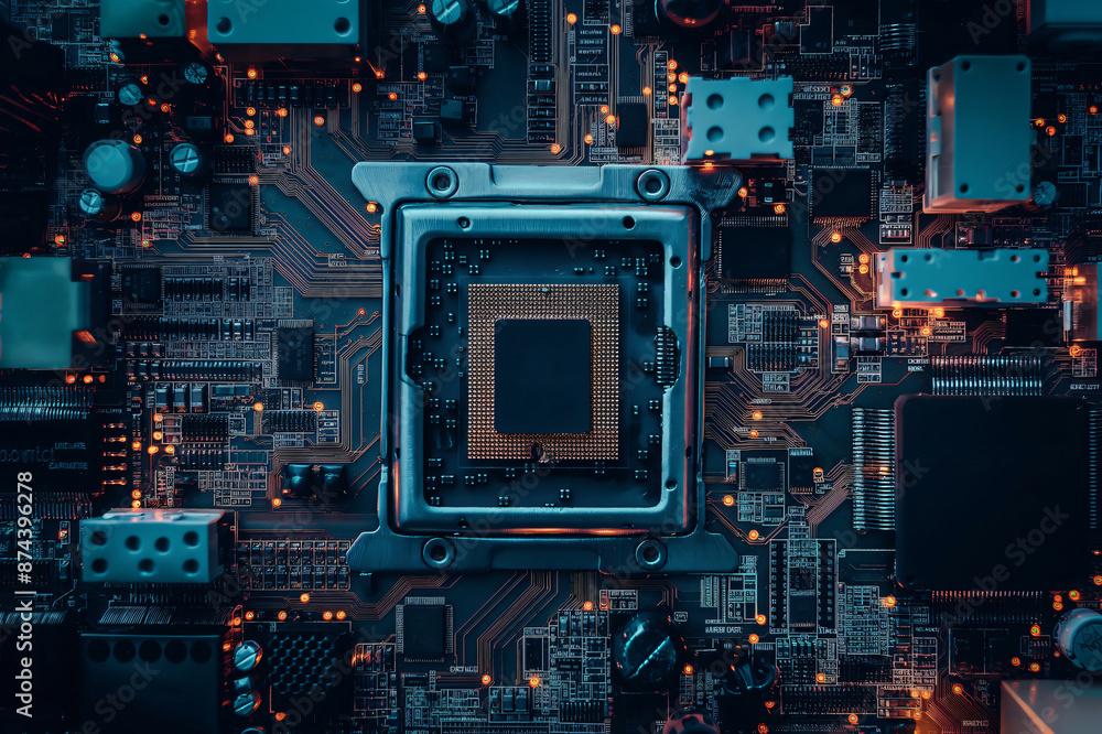 Poster birds eye view of a computer motherboard with a cpu in the center and leds glowing