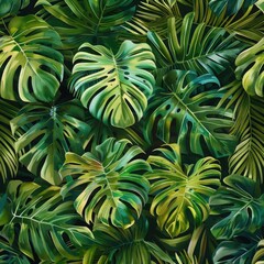 Tropical leaves forming a seamless fabric pattern, lush green tones with detailed textures, ideal for fashion or interior design