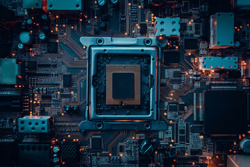 Birds eye view of a computer motherboard with a cpu in the center and leds glowing