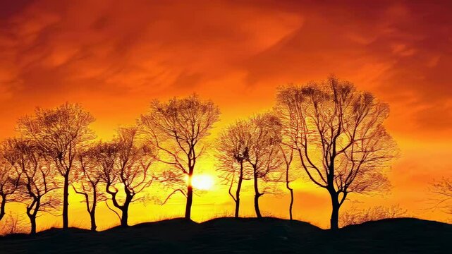 A row of bare trees stand silhouetted against a vibrant orange and red sunset sky. The leafless trees are on a small hill, with intricate branches visible. The mood is serene and dramatic,
