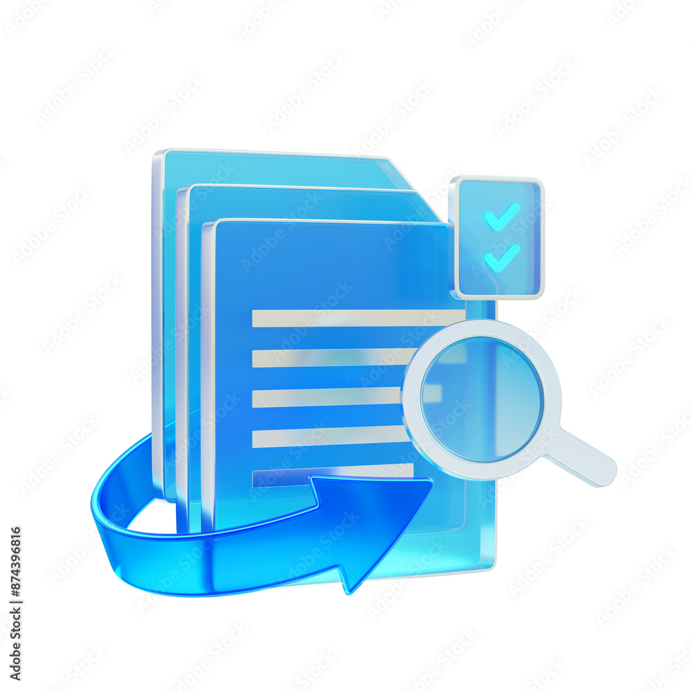 Poster 3d data analysis system with magnifying glass and blue arrow