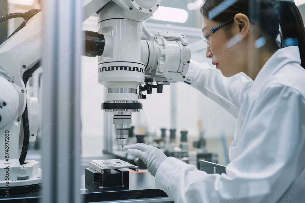 Poster female engineer is programming an industrial robotic arm in a high tech manufacturing factory, showc