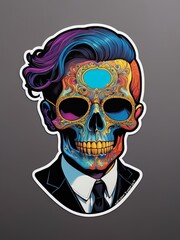 Colored Illustration of a Skull Head with a Macho Hairstyle. Tatto Artwork Design Template. Tatto Design. Hipster Skull