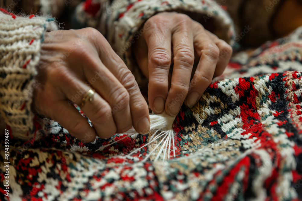Aufkleber artisan skillfully weaving intricate patterns on a traditional loom, using their hands to guide the 