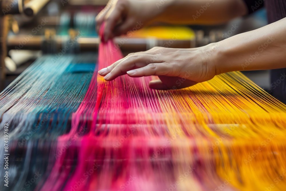 Poster close up of a textile worker carefully weaving colorful silk threads on a traditional handloom, crea