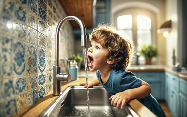 A young boy around 3 years old drinks water from a kitchen faucet, standing on tiptoes with a curious and playful expression in a bright, cozy kitchen with blue cabinets and decorative tiles.