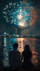 Romantic Japanese couple in yukata enjoying fireworks festival in Tokyo at night, summer love and traditional attire.