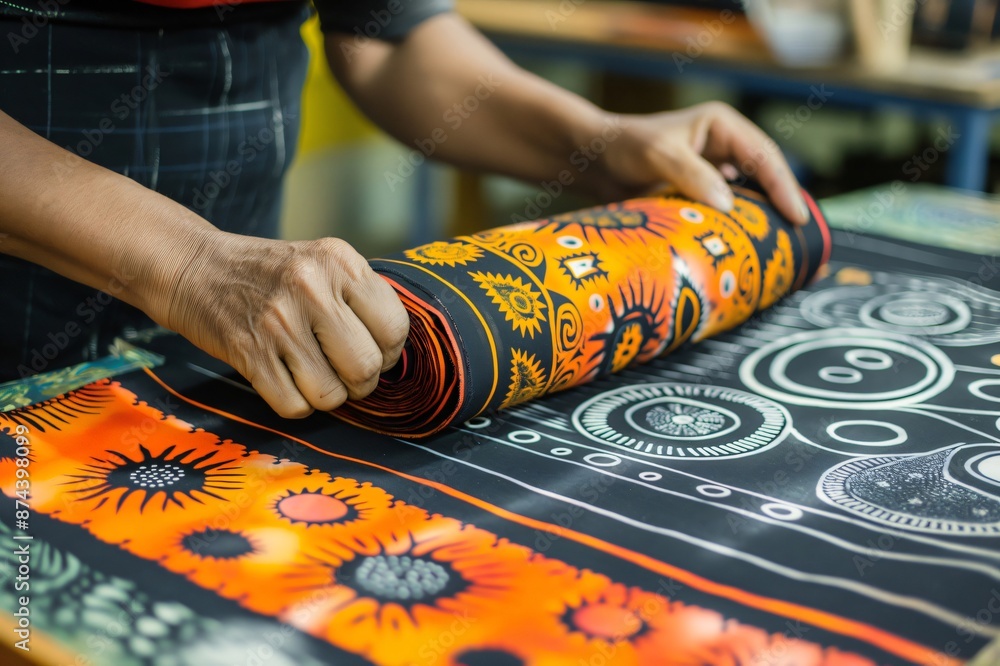 Poster close up of artisan's hands rolling a finished textile with traditional aboriginal patterns in a wor