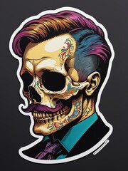 Colored Illustration of a Skull Head with a Macho Hairstyle. Tatto Artwork Design Template. Tatto Design. Hipster Skull
