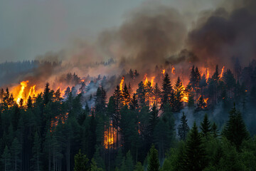 Fototapeta premium Dramatic forest fire capturing intense flames and thick smoke rising from burning trees. A powerful representation of wildfire devastation.