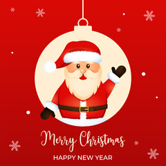 Christmas card with cheerful santa on a red background in carton style.Merry Christmas and Happy New Year.