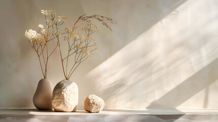 Composition contemporaine, minimaliste, zen, baignée de lumière