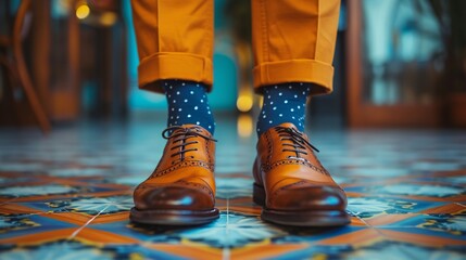 A stylish individual showcases personality with mismatched socks at a formal gathering, celebrating uniqueness in attire culture.