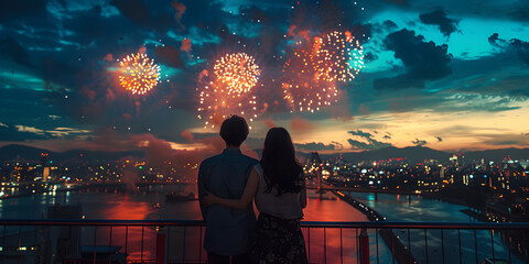 Romantic Japanese couple in yukata enjoying fireworks festival in Tokyo at night, summer love and traditional attire.