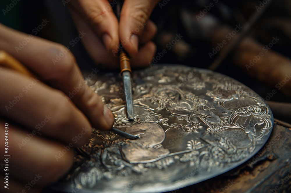 Poster close up of artisan hands using a chisel to create detailed engravings on a metal plate, showcasing 