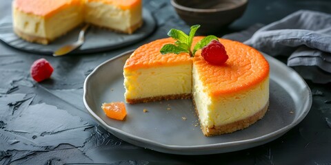 Vibrant Basque Cheesecake with Citrus Flavors on a Gray Plate. Concept Food Photography, Dessert Presentation, Citrus Flavors, Culinary Art, Vibrant Cheesecake