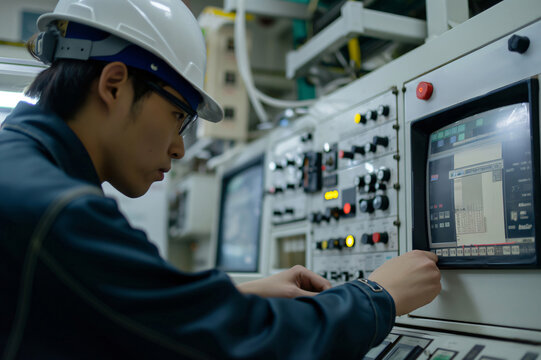 Young Asian engineer wearing a hardhat and safety glasses is working on a control panel in a factory