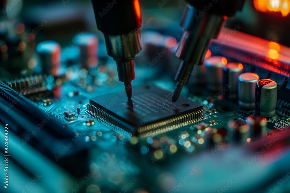 Poster automated robotic arms placing a central processing unit - cpu - on a motherboard during manufacturi
