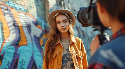 Obraz premium A focused male photographer directs a high-fashion photo shoot in a stylish urban setting, showcasing contemporary fashion trends.