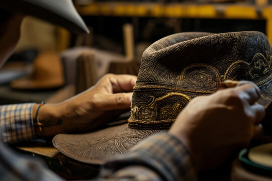 Close up of a craftsman embroidering a beautiful pattern on a leather cowboy hat using a needle and thread