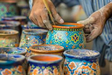 Obraz premium Craftsman is painting colorful floral designs on a traditional ceramic pot, showcasing the artistry and skill involved in pottery making