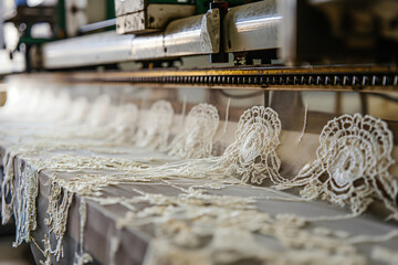 Industrial embroidery machine creating delicate lace designs on a textile production line, showcasing the intricate detail of automated garment manufacturing