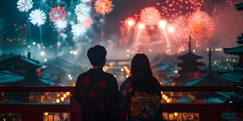 Romantic Japanese couple in yukata enjoying fireworks festival in Tokyo at night, summer love and traditional attire.
