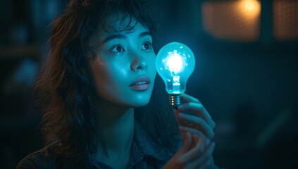Naklejka premium A contemplative young woman holds a glowing light bulb against a dark backdrop, symbolizing innovation and creativity. Perfect for business and inspiration themes.
