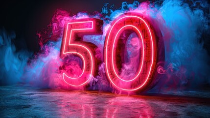 Glowing neon number 50 with vibrant blue and pink smoke background, perfect for promotions, celebrations, or milestone events.