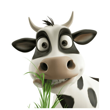 Happy 3D Cartoon Holstein Cow Eating Isolated

