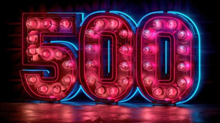 Obraz premium Vibrant neon sign displaying the number 500 in glowing red and blue lights. Perfect for celebrations, milestones, and digital backgrounds.