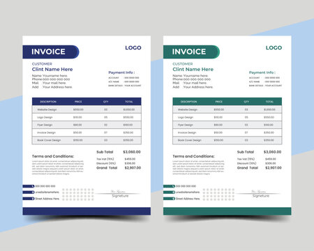 A4 Size Invoice design . A Modern Minimal Invoice Layout and Business invoice form template. Invoicing quotes, money bills or price invoices and payment agreement design templates. 