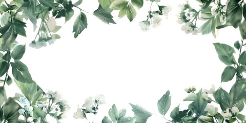Watercolor floral frame with pastel hues, green leaves, and wildflowers on white background. Concept Floral Watercolor Frame, Pastel Hues, Green Leaves, Wildflowers, White Background