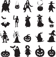 Halloween icons silhouette logo black and white background