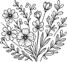 spring flower isolated, hand-drawn spring floewr drawings. vector illustration bouquet of spring flower, sketch art beautiful white spring flower tattoo, coloring page for adults